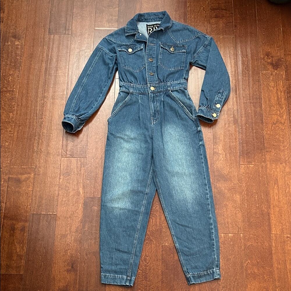 River Island Women’s Classic Blue Denim Jumpsuit, Western Meets Utility, Size 8